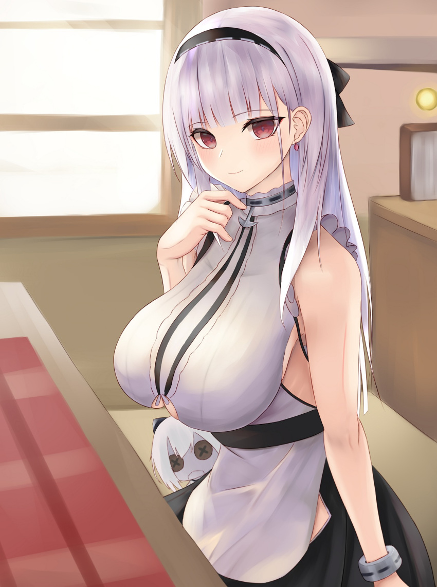 1girl, anchor_choker, anchor_necklace, apron, azur_lane, black_hairband, blush, breasts