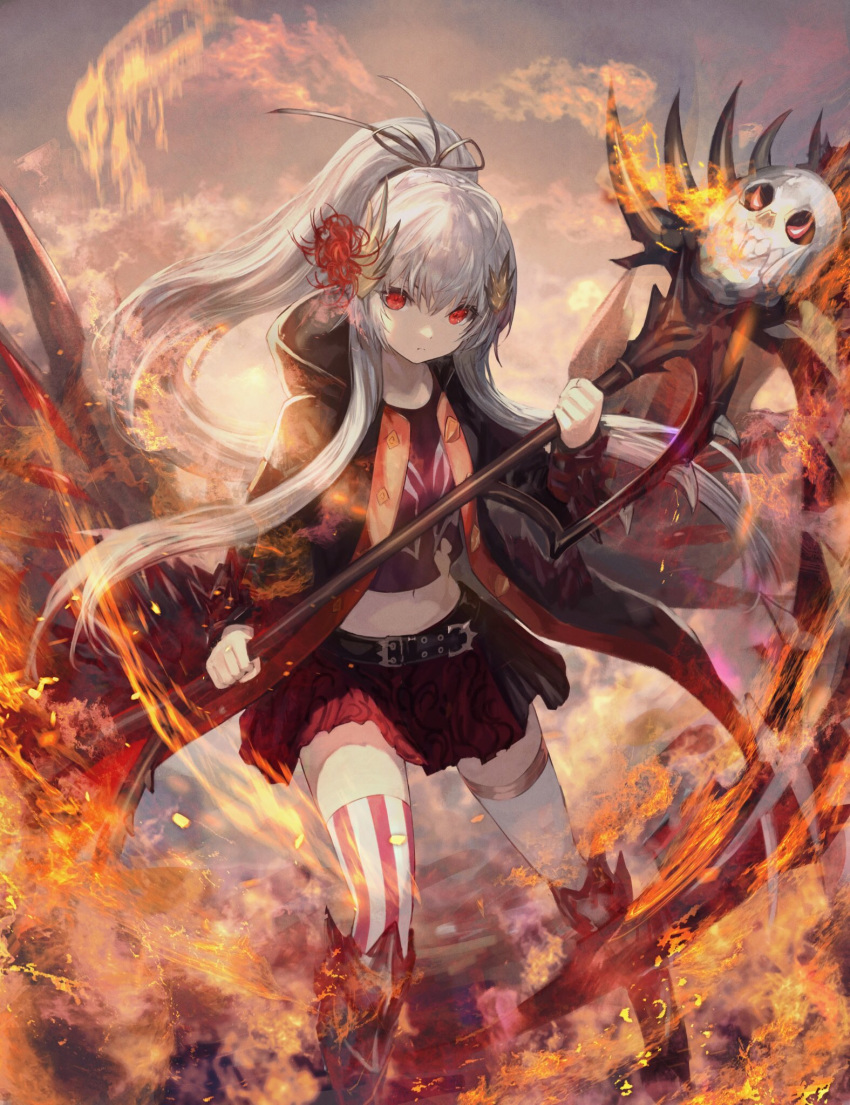 1girl, bangs, character_request, closed_mouth, fire, flower, hair_flower, hair_ornament