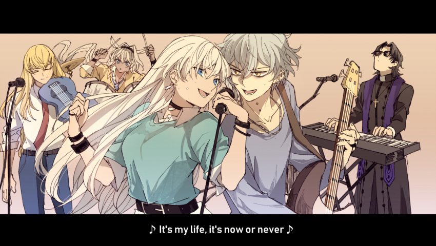 anastasia_(fate/grand_order), belt, bon_jovi, bracelet, caenis_(fate), cross, cross_necklace, drum