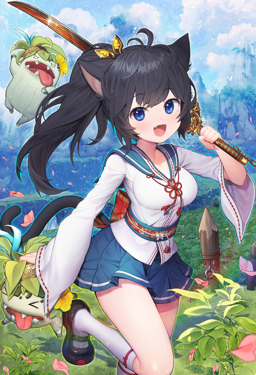 1girl, :d, absurdres, animal_ears, antenna_hair, black_footwear, black_hair, blade_&amp;_soul