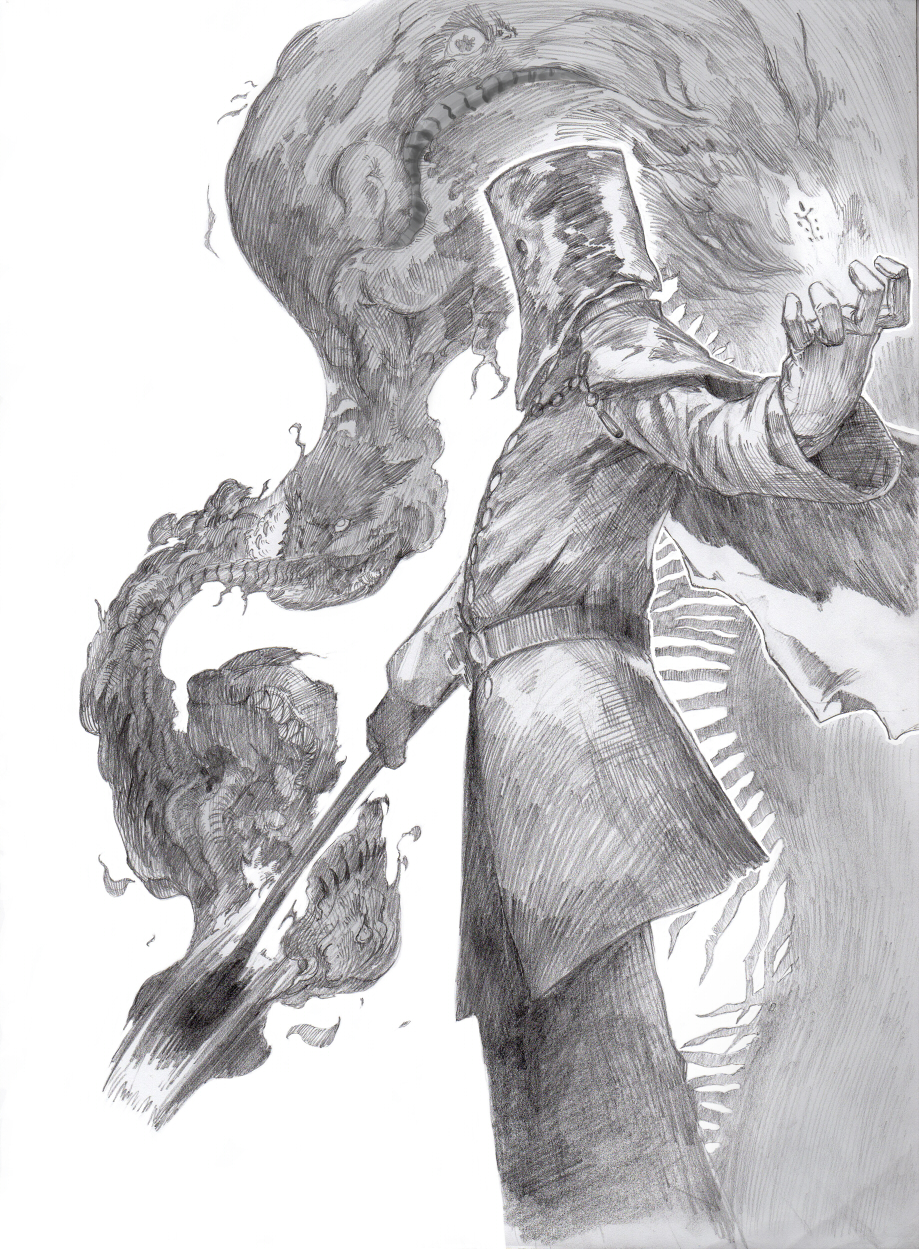 1boy, belt, bloodborne, cape, gloves, greyscale, hatching_(texture), helmet