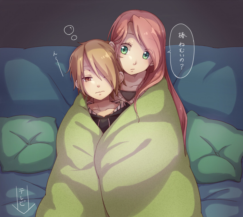 2girls, ahoge, bangs, black_hoodie, blanket, blonde_hair, blush, brown_eyes, bubble, closed_mouth, collarbone, couch, eyebrows_visible_through_hair, green_eyes, hair_between_eyes, hood, hoodie, hug, hug_from_behind, jackie012, light_brown_hair, long_hair, looking_at_another, multiple_girls, one_eye_closed, one_eye_covered, open_mouth, original, pillow, shared_blanket, shiny, shiny_hair, short_hair, sidelocks, sitting, swept_bangs, translation_request, under_covers, wife_and_wife, yuri