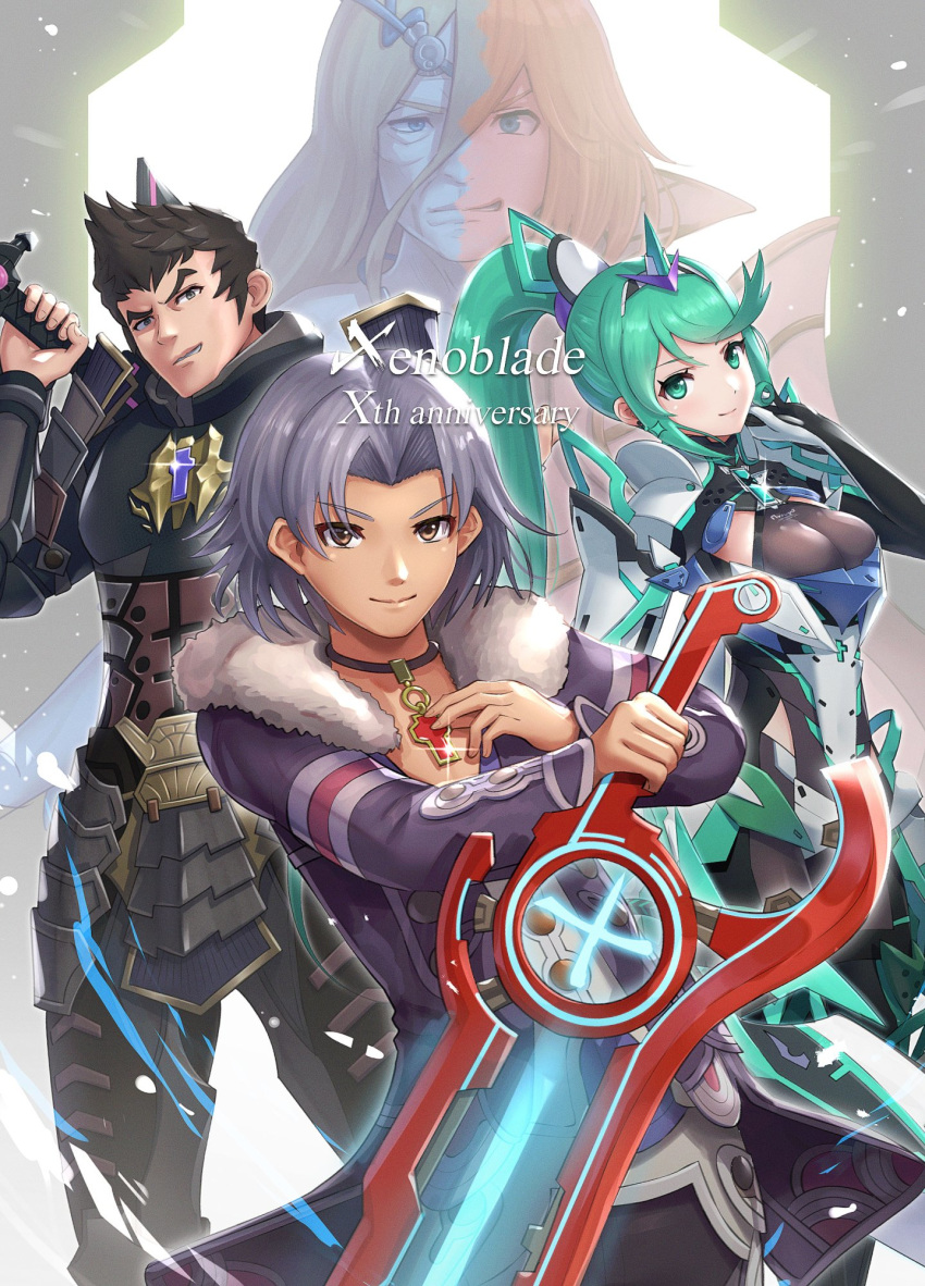 1girl, 3boys, alvis, armor, black_hair, blonde_hair, breasts, chest_jewel