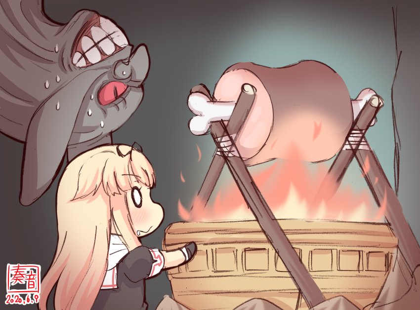 0_0, 1girl, 1other, artist_logo, black_gloves, black_ribbon, black_serafuku, blonde_hair