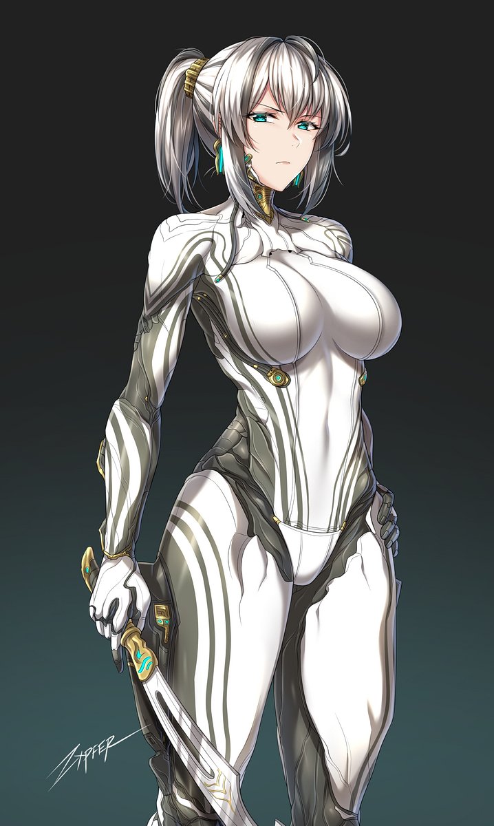 1girl, blue_eyes, bodysuit, breasts, excalibur_(warframe), excalibur_prime_(warframe), gold_trim, hand_on_hip