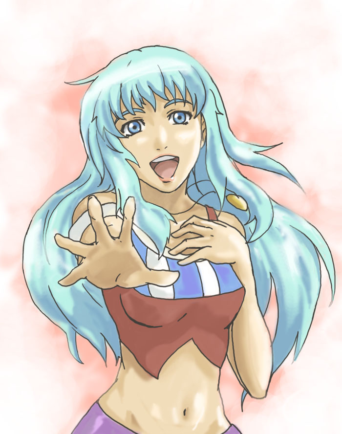 blue_hair, hirasawa_meio, long_hair, macross, macross_frontier, midriff, navel, sheryl_nome