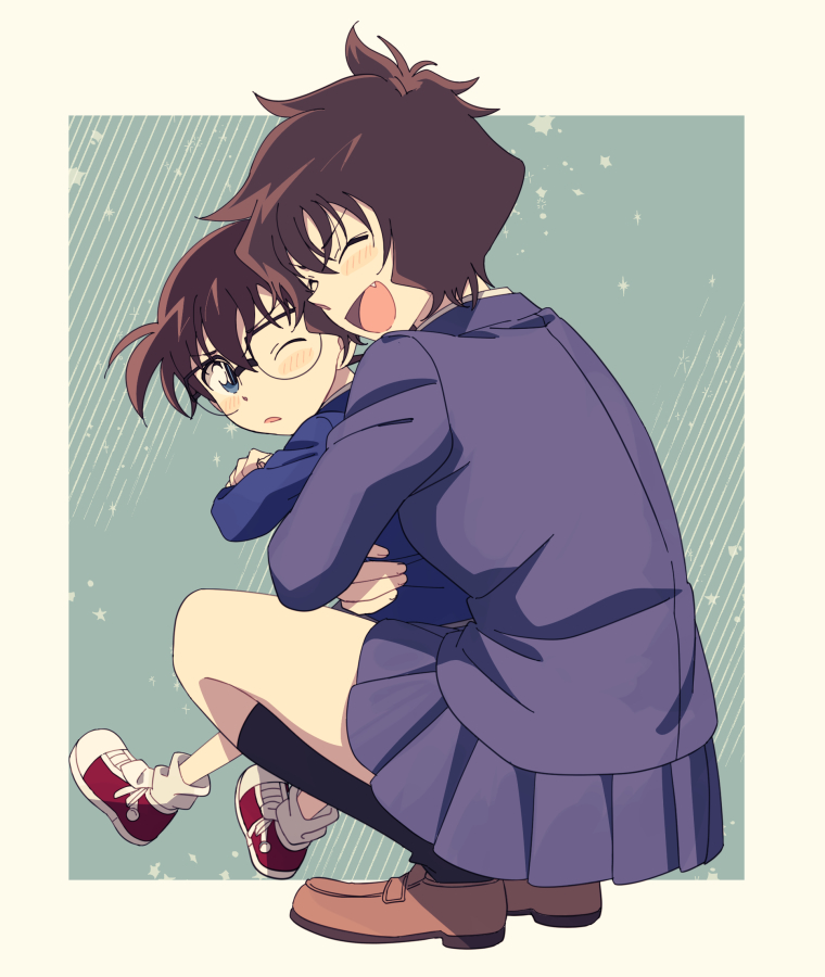 1boy, 1girl, :d, age_difference, black_legwear, blue_eyes, blue_jacket, blue_skirt, brown_footwear, brown_hair, closed_eyes, edogawa_conan, fang, glasses, hage_ta, hug, hug_from_behind, jacket, kneehighs, loafers, long_sleeves, meitantei_conan, miniskirt, official_style, one_eye_closed, open_mouth, over-rim_eyewear, pleated_skirt, red_footwear, school_uniform, semi-rimless_eyewear, sera_masumi, shoes, short_hair, skirt, smile, squatting