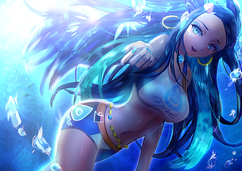 1girl, :d, belly_chain, bikini, bikini_shorts, blue_eyes, blue_hair, blue_nails, dark_skin, earrings, floating_hair, hair_ornament, hairclip, jewelry, long_hair, looking_at_viewer, multicolored_hair, nail_polish, navel, open_mouth, pokemon, pokemon_(game), pokemon_swsh, print_bikini, rurina_(pokemon), shorts, smile, solo, sports_bikini, swimsuit, tsukigime_(fool_ehle), two-tone_hair, underwater, very_long_hair