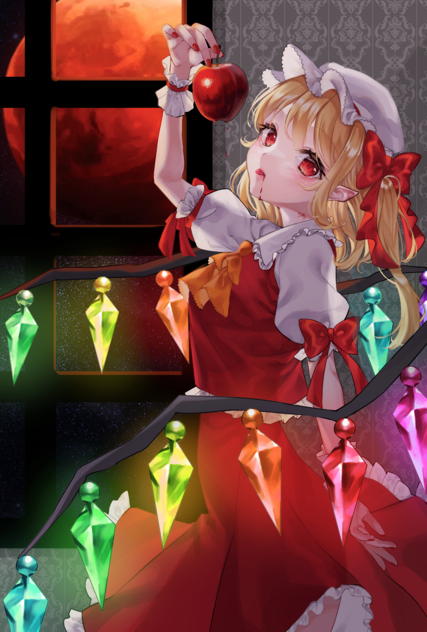 1girl, blonde_hair, bow, flandre_scarlet, food, frilled_skirt, frills, fruit