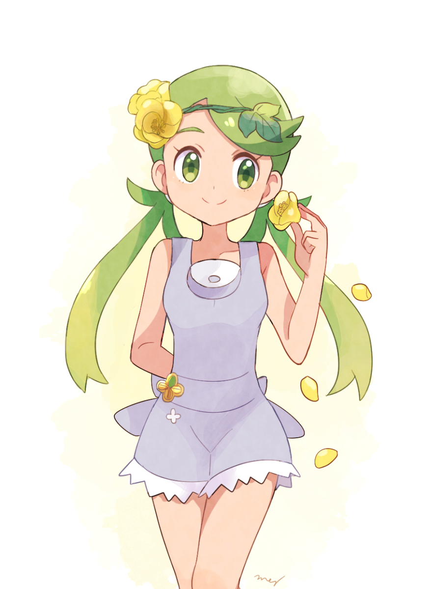 1girl, arm_behind_back, artist_name, badge, blown_petals, breasts, closed_mouth, flower, green_eyes, green_hair, hair_ornament, holding, holding_flower, leaf_hair_ornament, long_hair, mallow_(pokemon), mei_(maysroom), petals, pokemon, pokemon_(game), pokemon_sm, simple_background, small_breasts, smile, solo, tagme, trial_captain, twintails, white_background, yellow_flower