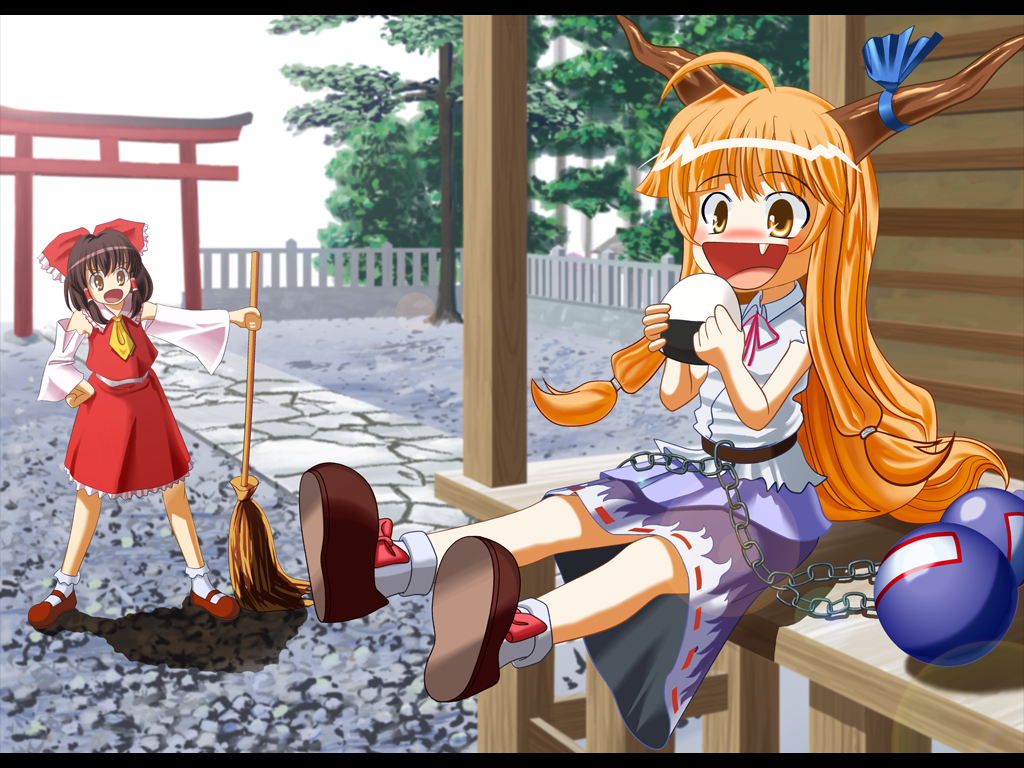 broom, fang, hakurei_reimu, horns, ibuki_suika, japanese_clothes, long_hair, miko