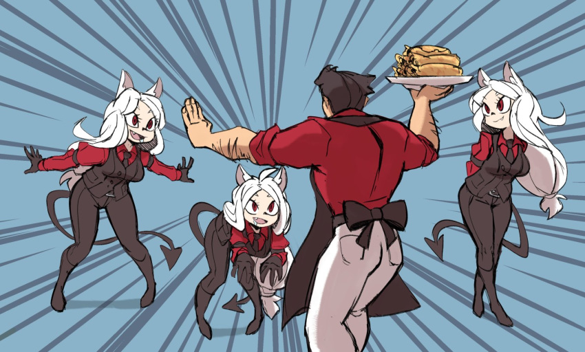 1boy, 3girls, animal_ears, apron, black_apron, black_gloves, black_hair, black_vest, blue_background, breasts, cerberus_(helltaker), collared_shirt, commentary, demon_girl, demon_tail, dog_ears, dog_girl, fang, food, from_behind, gloves, helltaker, helltaker_(character), holding, holding_plate, jurassic_park, jurassic_world, large_breasts, long_hair, looking_at_viewer, mechapen, meme, multiple_girls, necktie, open_mouth, pancake, pants, plate, prattkeeping, red_eyes, red_shirt, shirt, short_hair, smile, tail, triplets, vest, white_hair, white_pants