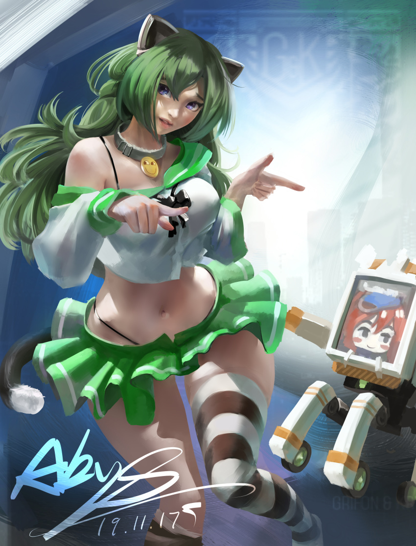 1girl, absurdres, abys, alternate_breast_size, animal_ears, blue_eyes, breasts, cat_ears, cat_tail, collar, crop_top, finger_gun, g-string, girls_frontline, green_hair, highres, humanization, looking_at_viewer, medium_breasts, navel, off_shoulder, pointing, robot, tail, taunt_fairy_(girls_frontline), thong