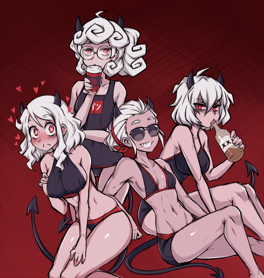 4girls, alcohol, bikini, black_horns, black_swimsuit, bottle, breasts, coffee_cup, cup, curly_hair, demon_girl, demon_horns, demon_tail, disposable_cup, dojipan, glasses, heart, heart-shaped_pupils, helltaker, horns, justice_(helltaker), large_breasts, liquor, looking_at_viewer, male_swimwear, malina_(helltaker), medium_breasts, modeus_(helltaker), multiple_girls, navel, one-piece_swimsuit, pandemonica_(helltaker), red_eyes, school_swimsuit, short_hair, small_breasts, smile, sunglasses, swim_trunks, swimsuit, swimwear, symbol-shaped_pupils, tail, white_hair