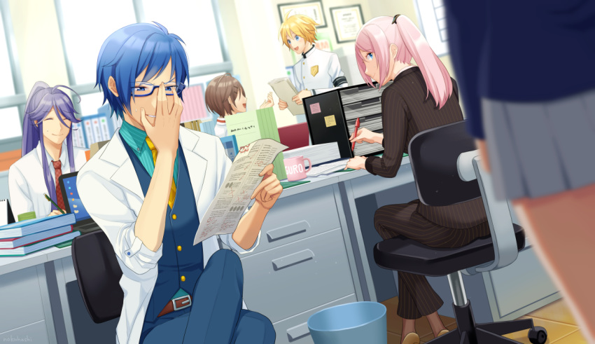 3boys, 3girls, adjusting_eyewear, ahoge, armband, badge, belt, blonde_hair, blue_eyes, blue_hair, blue_vest, blurry_foreground, book, book_stack, brown_hair, cabinet, closed_eyes, coat, commentary, computer, crossed_legs, cup, desk, dutch_angle, executive_student_council_(module), faceless, faceless_female, genius_(module), grey_skirt, hand_on_eyewear, holding, holding_folder, holding_paper, holding_pen, kagamine_len, kaito, kamui_gakupo, laptop, long_hair, looking_back, megurine_luka, meiko, miniskirt, mug, multiple_boys, multiple_girls, necktie, nokuhashi, office, paper, pen, pink_hair, pleated_skirt, ponytail, project_diva_(series), purple_hair, recruiter_(module), school, school_uniform, sitting, skirt, sleeves_rolled_up, smile, standing, swivel_chair, v-shaped_eyebrows, vest, vocaloid, white_coat, window, yellow_neckwear