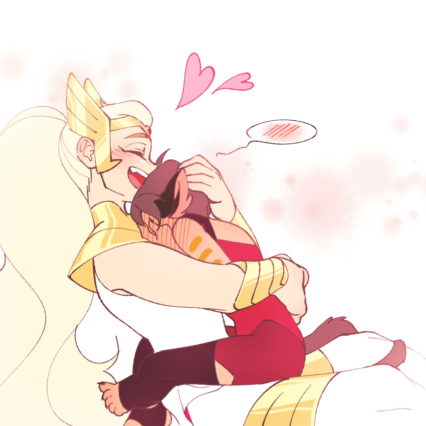 2girls, adora_(she-ra), animal_ears, arms_around_waist, blonde_hair, bracer, cat_ears, cat_girl, cat_tail, catra, closed_eyes, couple, embarrassed, happy, heart, highres, laughing, long_hair, masters_of_the_universe, multiple_girls, open_mouth, ponytail, she-ra_and_the_princesses_of_power, short_hair, simple_background, sitting, sitting_on_lap, sitting_on_person, size_difference, sleeveless, spoilers, su_ggushi, tail, tall_female, tiara, very_long_hair, white_background, winged_hair_ornament, yuri