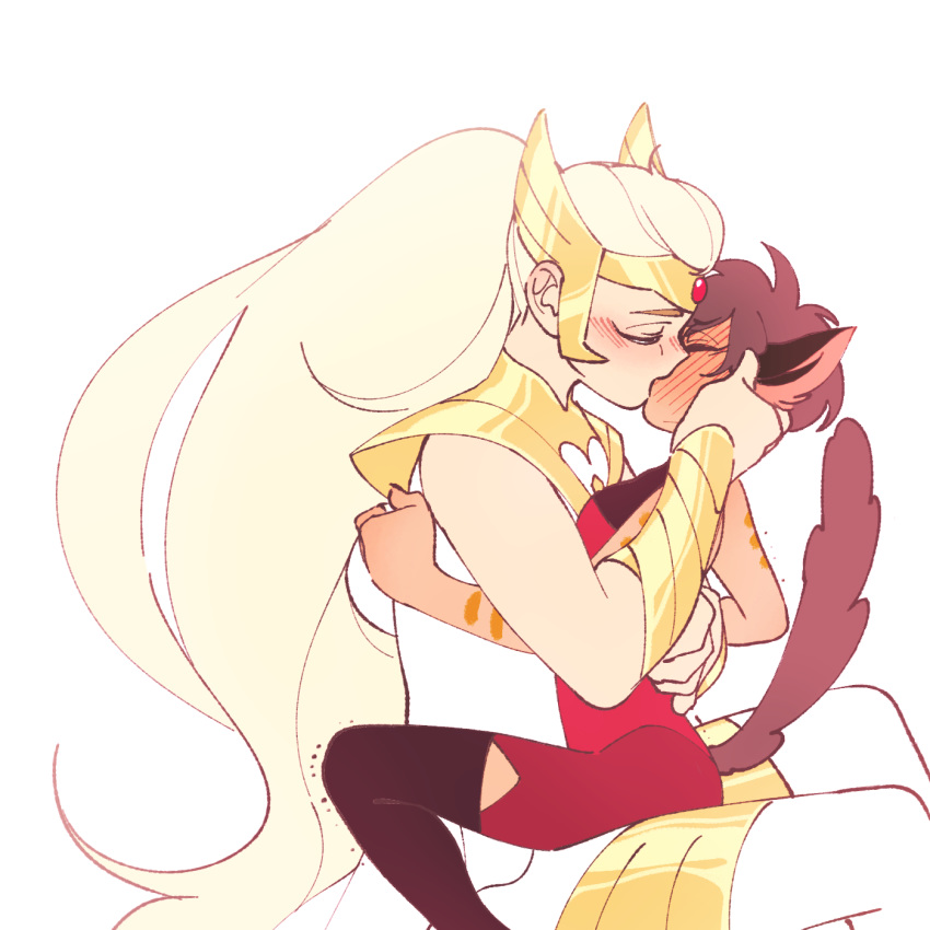 2girls, adora_(she-ra), animal_ears, arms_around_waist, blonde_hair, blush, bracer, cat_ears, cat_girl, cat_tail, catra, closed_eyes, couple, highres, kiss, long_hair, masters_of_the_universe, multiple_girls, ponytail, she-ra_and_the_princesses_of_power, short_hair, simple_background, sitting, sitting_on_lap, sitting_on_person, size_difference, sleeveless, spoilers, su_ggushi, tail, tall_female, tiara, very_long_hair, white_background, winged_hair_ornament, yuri