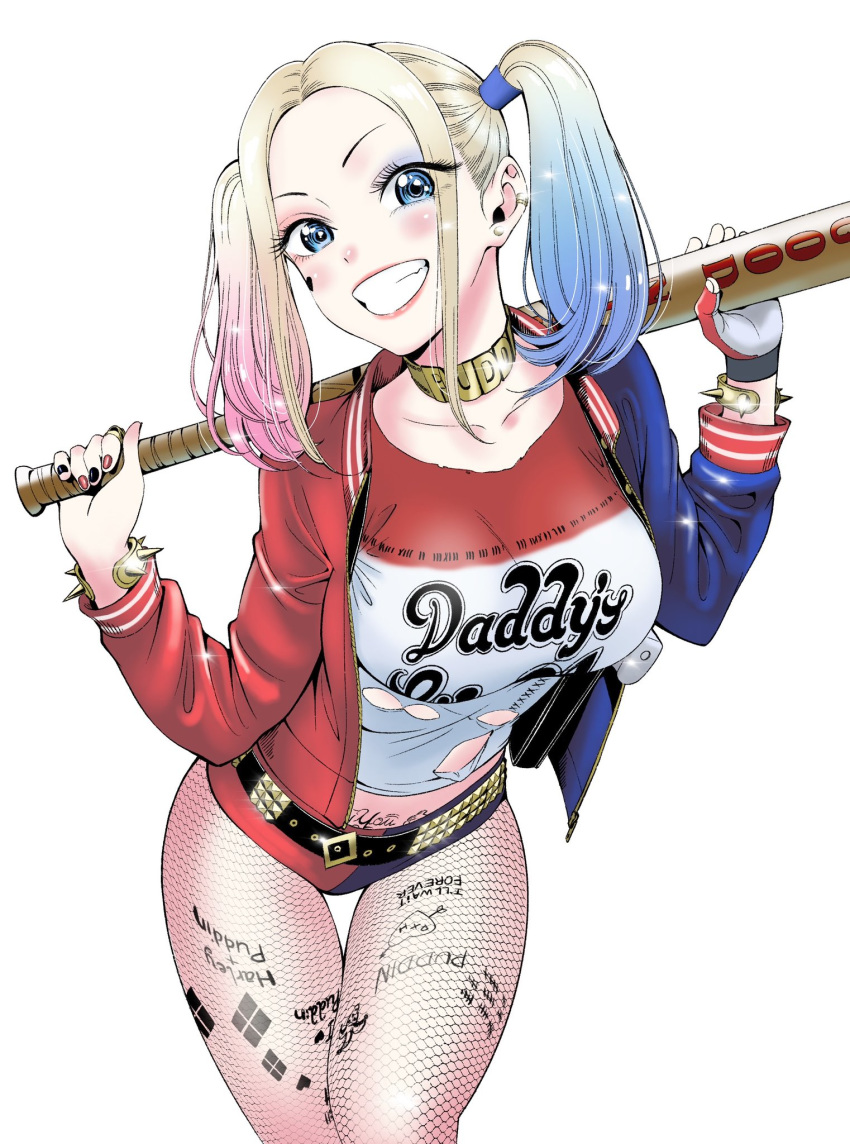 1girl, baseball_bat, belt, blonde_hair, blue_eyes, blue_hair, bracelet, breasts
