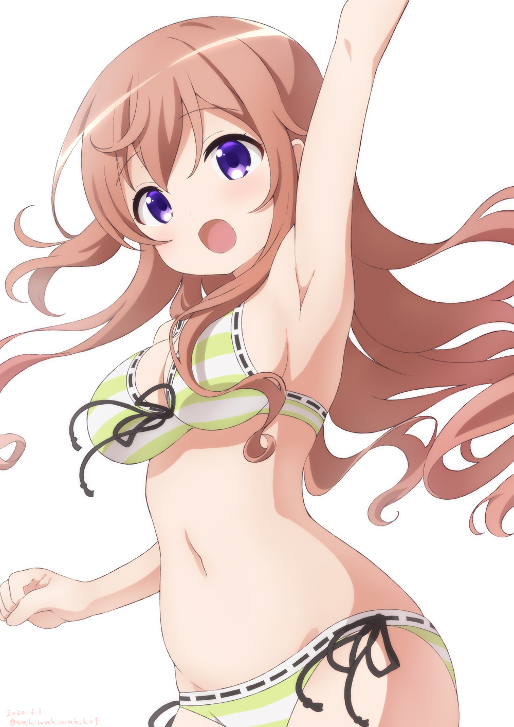1girl, :d, arm_up, armpits, bangs, bare_arms, bare_shoulders, bikini, blush, brown_hair, commentary_request, eyebrows_visible_through_hair, front-tie_bikini, front-tie_top, gochuumon_wa_usagi_desu_ka?, hair_between_eyes, highres, hoto_mocha, lars, long_hair, navel, neki_(wakiko), open_mouth, ribbon-trimmed_bikini, ribbon_trim, side-tie_bikini, simple_background, smile, solo, striped, striped_bikini, swimsuit, very_long_hair, violet_eyes, white_background