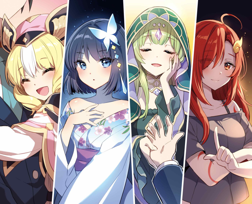 1boy, 4girls, ^_^, ahoge, bangs, bare_shoulders, black_hair, blonde_hair