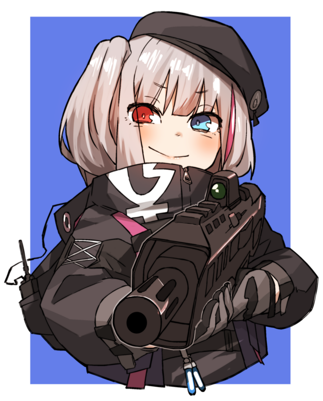 1girl, amonitto, beret, black_headwear, blue_background, blue_eyes, bullpup, commentary_request