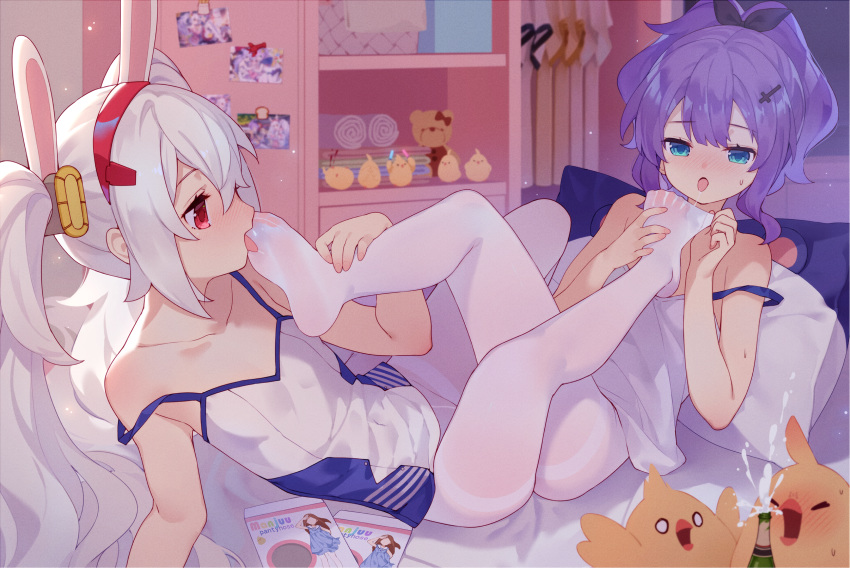 2girls, alcohol, animal, artist_self-reference, azur_lane, bare_arms, bare_shoulders, bed_sheet, bird, black_ribbon, blue_eyes, camisole, champagne, champagne_bottle, chick, collarbone, commentary_request, feet, hair_ribbon, high_ponytail, highres, indoors, javelin_(azur_lane), laffey_(azur_lane), licking, long_hair, manjuu_(azur_lane), multiple_girls, no_pants, no_shoes, pantyhose, pillow, ponytail, purple_hair, red_eyes, ribbon, see-through, strap_slip, thighband_pantyhose, tsubasa_tsubasa, twintails, very_long_hair, white_camisole, white_hair, white_legwear, yuri