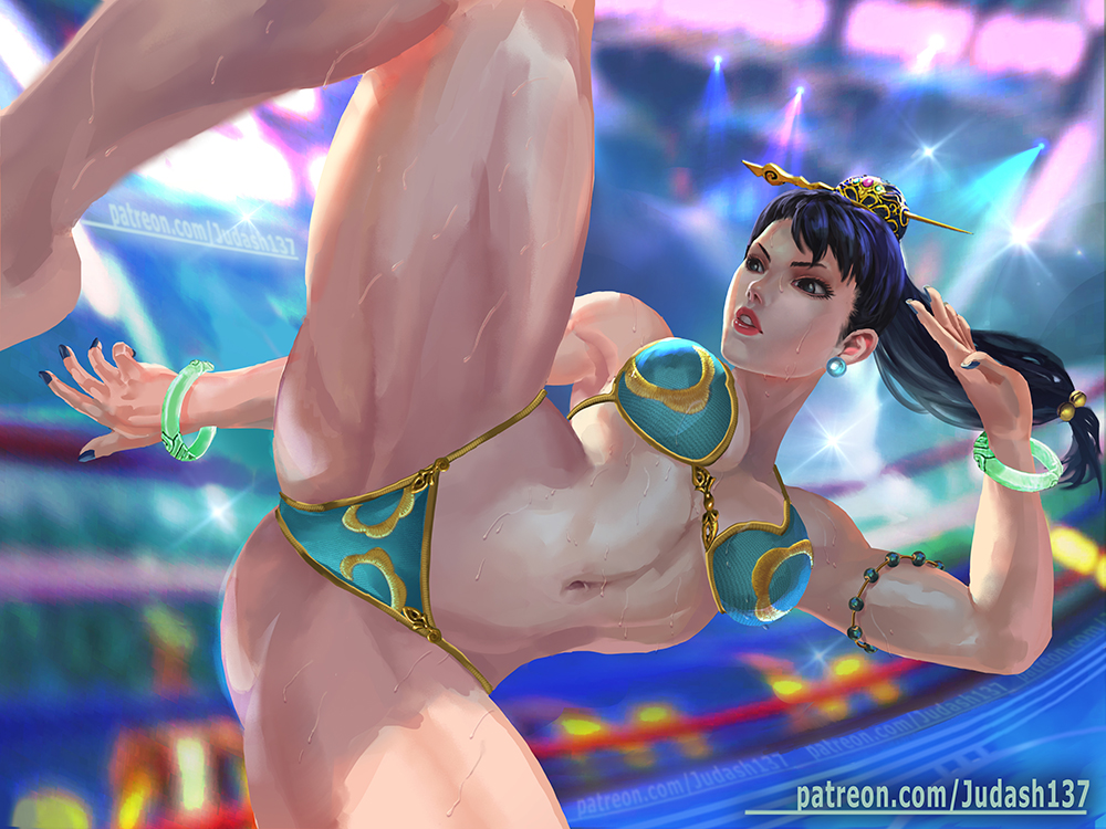 1girl, armpits, ass, bikini, black_hair, bracelet, breasts, capcom, china_dress, chinese_clothes, chun-li, cleavage, collarbone, dress, earrings, fantasy, fighting_stance, jewelry, judash137, kicking, large_breasts, long_hair, looking_at_viewer, navel, open_mouth, parted_lips, short_hair, solo, street_fighter, sweat, swimsuit, thick_thighs, thighs, toned, wet, white_skin