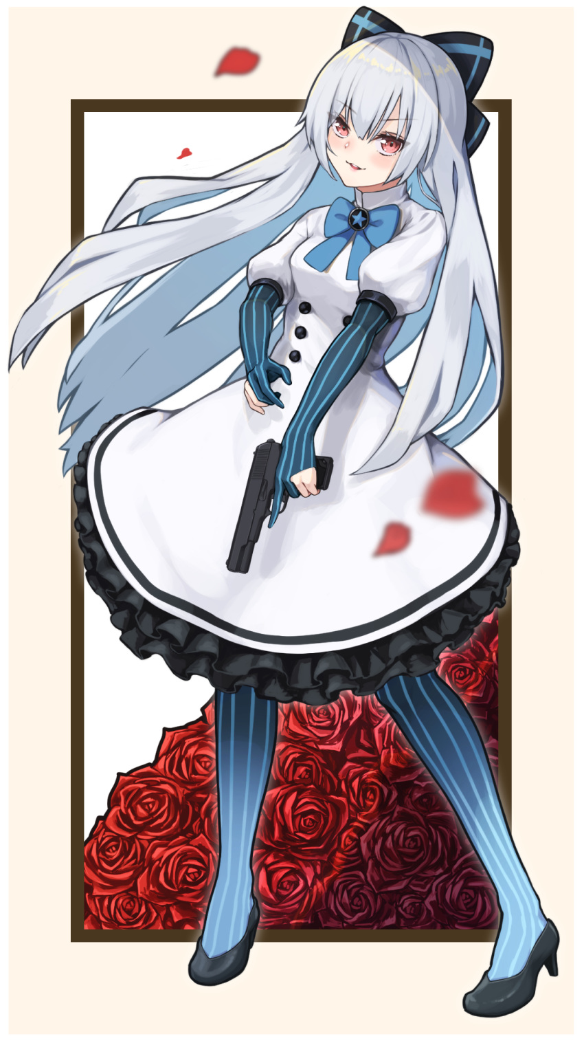 1girl, black_bow, black_legwear, blown_petals, blue_bow, blue_stripes, bow, bowtie
