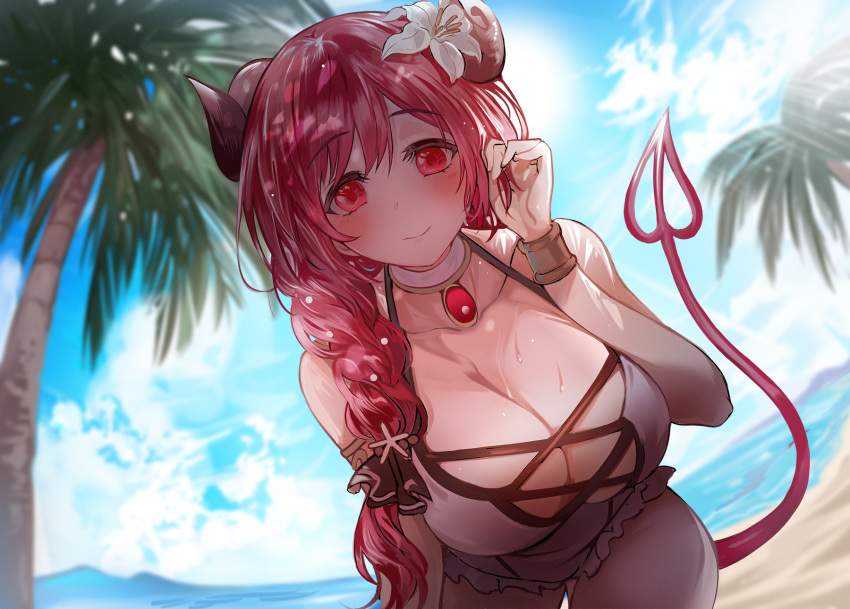 1girl, beach, blue_sky, braid, breasts, clouds, collarbone, curled_horns