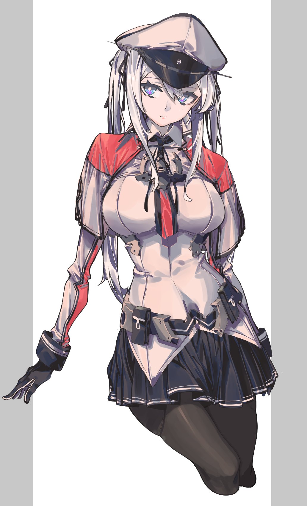 1girl, bangs, black_legwear, black_skirt, blue_eyes, breasts, capelet, closed_mouth