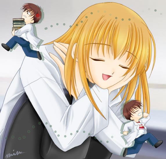 book, brown_hair, carrying, closed_eyes, ever_17, kaburaki_ryogo, kaburaki_ryougo, kuranari_takeshi, min, running, signature, squatting, tanaka_yubiseiakikana, tanaka_yubiseiharukana