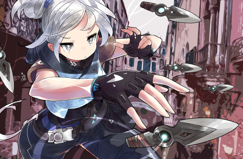 character_request, closed_mouth, eyebrows, eyebrows_visible_through_hair, gloves, grey_eyes, grey_hair, hair_ornament, jitome, knife, kunai, phibonnachee, shuriken, throwing, throwing_knife, town, valorant, weapon, white_eyes, white_hair