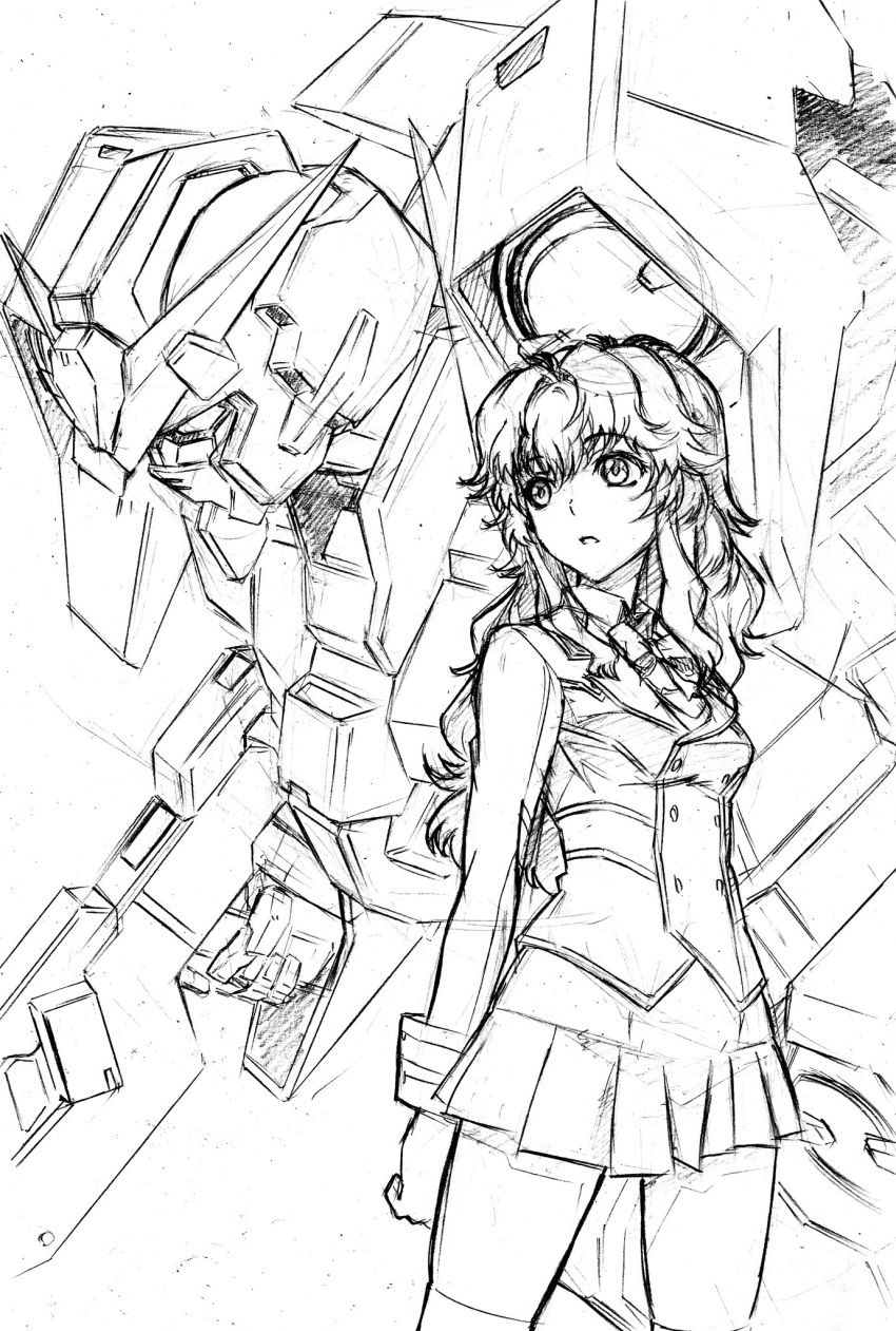 1girl, bangs, beam_rifle, breasts, chall_acustica, commentary_request, curly_hair, energy_gun