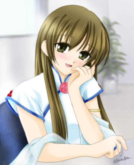 akanegasaki_sora, armlet, blush, brown_eyes, brown_hair, chair, chin_rest, china_dress