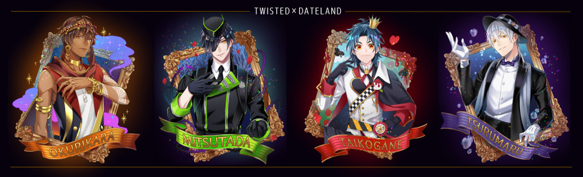 4boys, absurdres, arabian_clothes, arm_tattoo, azul_ashengrotto, azul_ashengrotto_(cosplay), bandana, black_gloves, black_hair, blue_hair, bow, bowtie, bracelet, brown_hair, bubble, cape, character_name, club_(shape), collared_shirt, cosplay, crown, dark_skin, dark_skinned_male, diamond_(shape), eyepatch, frame, gloves, hat, heart, highres, huge_filesize, jewelry, kalim_al-asim, kalim_al-asim_(cosplay), male_focus, malleus_draconia, malleus_draconia_(cosplay), military, military_uniform, multiple_boys, necktie, ookurikara, petals, plant, rei_(usabiba), riddle_rosehearts, riddle_rosehearts_(cosplay), shirt, shokudaikiri_mitsutada, smile, spade_(shape), sparkle, taikogane_sadamune, tattoo, touken_ranbu, tsurumaru_kuninaga, tuxedo, twisted_wonderland, uniform, vines, white_gloves, white_hair, yellow_eyes