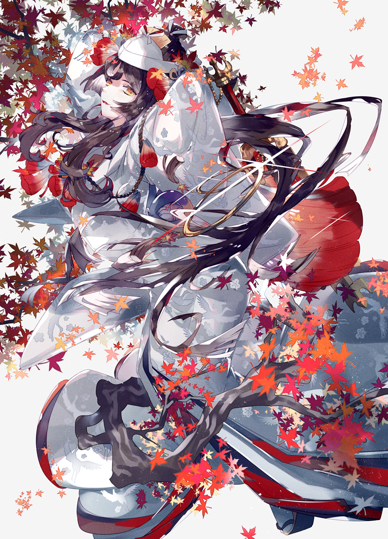 1girl, animal_print, autumn_leaves, bird_print, brown_eyes, brown_hair, fate/grand_order, fate/requiem, fate_(series), hat, japanese_clothes, kijo_kouyou_(fate), kimono, long_hair, oriichi, sword, weapon