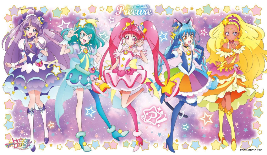 5girls, amamiya_erena, boots, cure_cosmo, cure_milky, cure_selene, cure_soleil, cure_star