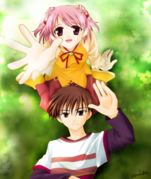 brown_hair, double_bun, ever_17, from_above, grass, hands, kaburaki_ryogo, kaburaki_ryougo, kuranari_takeshi, lying, min, on_back, outdoors, outstretched_arm, outstretched_hand, pink_hair, purple_eyes, reaching, ribbon, short_hair, signature, sitting, smile, waving, yagami_coco