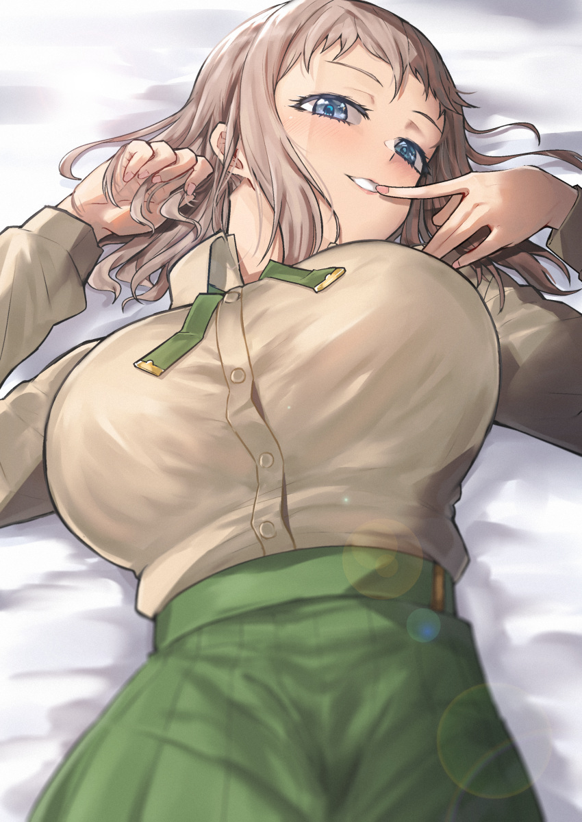 1girl, absurdres, blue_eyes, blush, breasts, brown_hair, brown_shirt, buttons