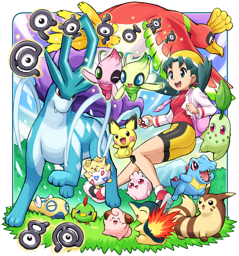 1girl, alternate_color, bike_shorts, border, celebi, chikorita, cleffa, cyndaquil