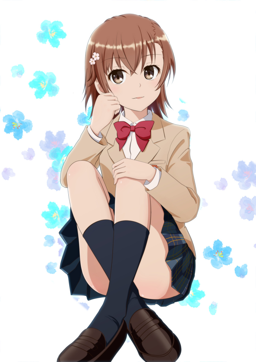 1girl, bangs, black_legwear, blue_skirt, bow, bowtie, brown_eyes, brown_footwear