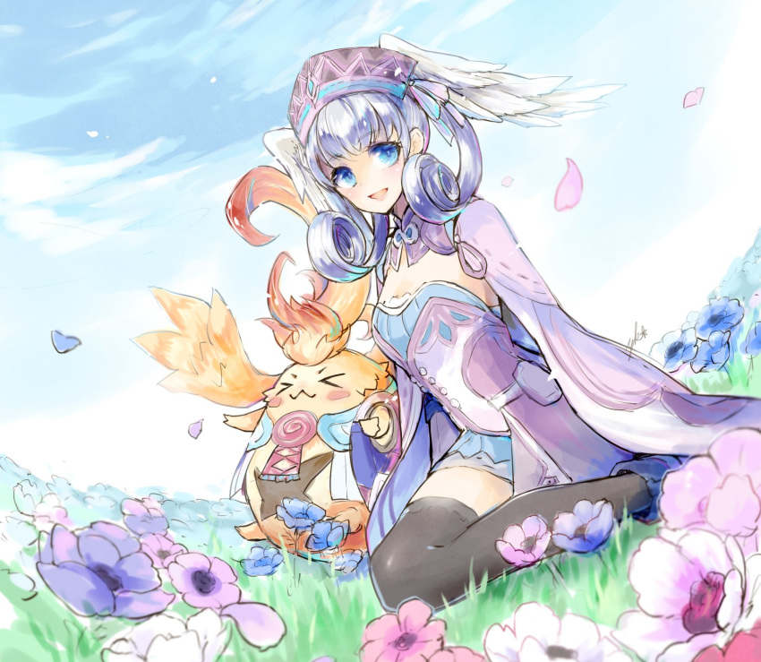 >_<, 1girl, blue_eyes, blush_stickers, breasts, cape, chion_(yukina), day