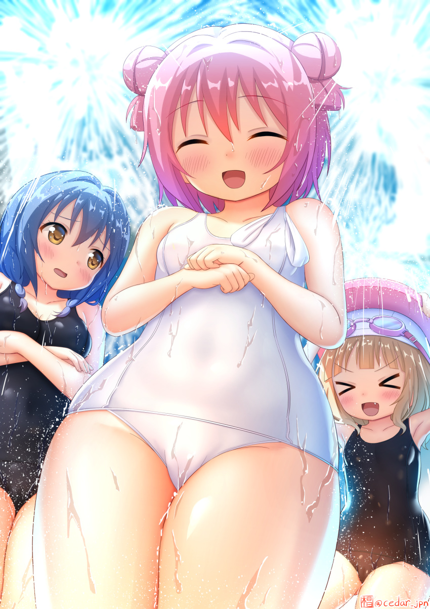 >_<, 3girls, absurdres, akaza_akari, artist_name, black_swimsuit, blonde_hair, blue_hair