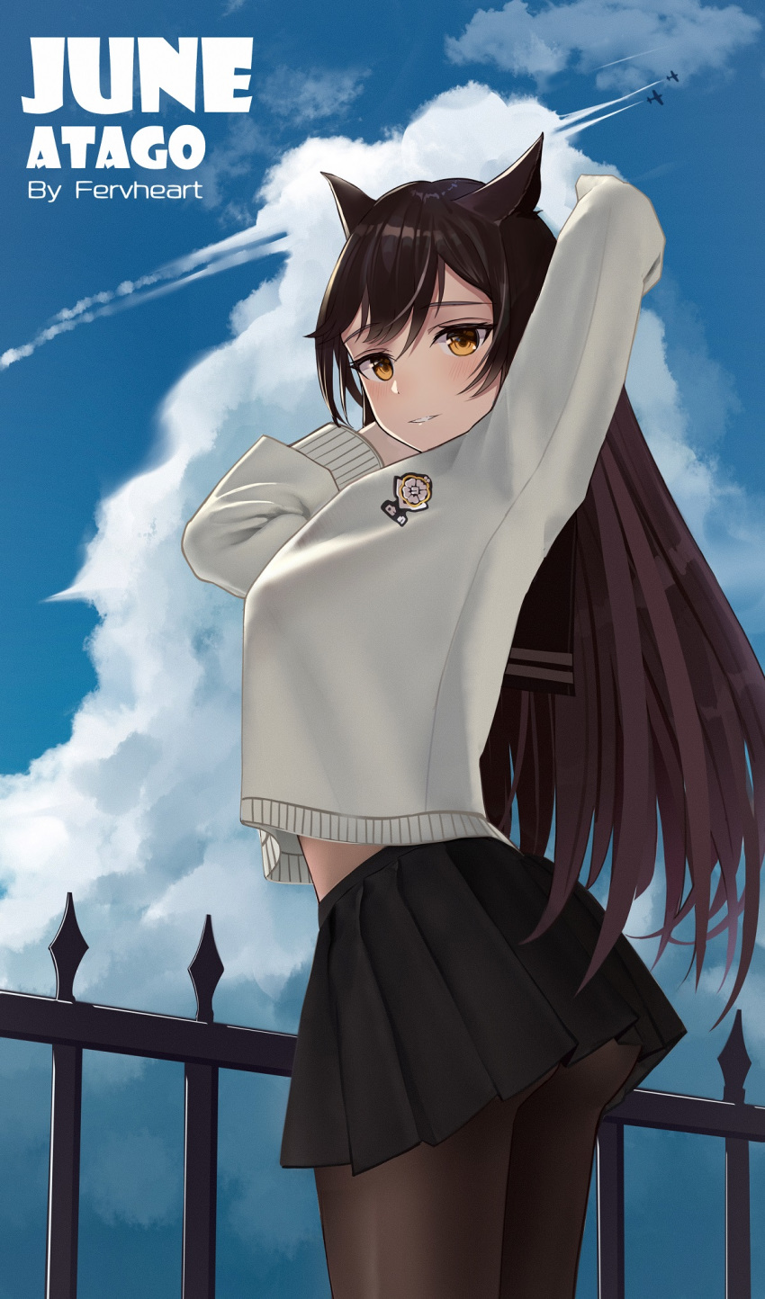 1girl, aircraft, airplane, animal_ears, arm_up, artist_name, ass, atago_(azur_lane), azur_lane, bangs, belly_peek, black_legwear, black_skirt, blue_sky, blush, breasts, brown_legwear, character_name, clouds, cloudy_sky, condensation_trail, cowboy_shot, day, english_text, fervheart, hand_up, highres, large_breasts, long_hair, long_sleeves, looking_at_viewer, looking_back, miniskirt, outdoors, parted_lips, pleated_skirt, purple_hair, railing, skirt, sky, smile, solo, sweater, swept_bangs, white_sweater