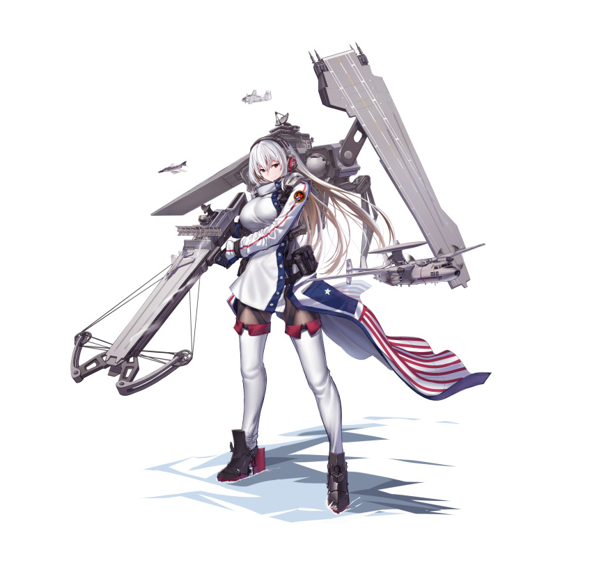 1girl, absurdres, aircraft, aircraft_carrier, airplane, black_legwear, boots, bow_(weapon)
