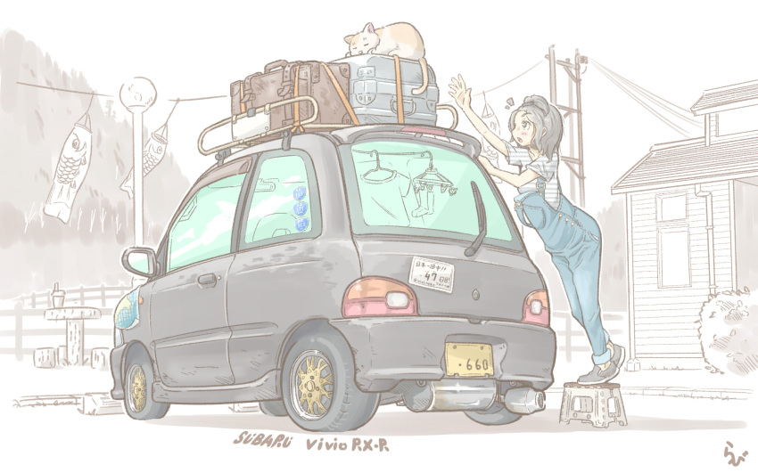 1girl, car, cat, commentary, denim, exhaust, exhaust_pipe, fence