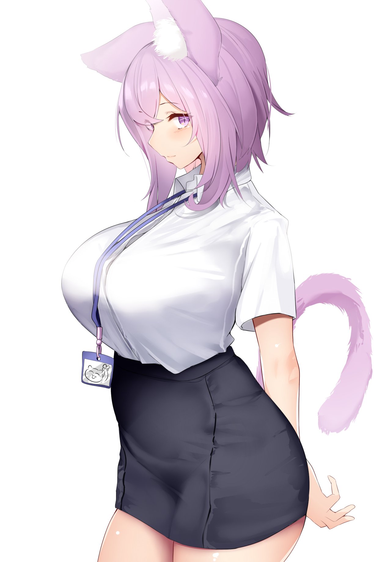 1girl, alternate_breast_size, animal_ear_fluff, animal_ears, arms_behind_back, breasts, cat_ears, cat_tail