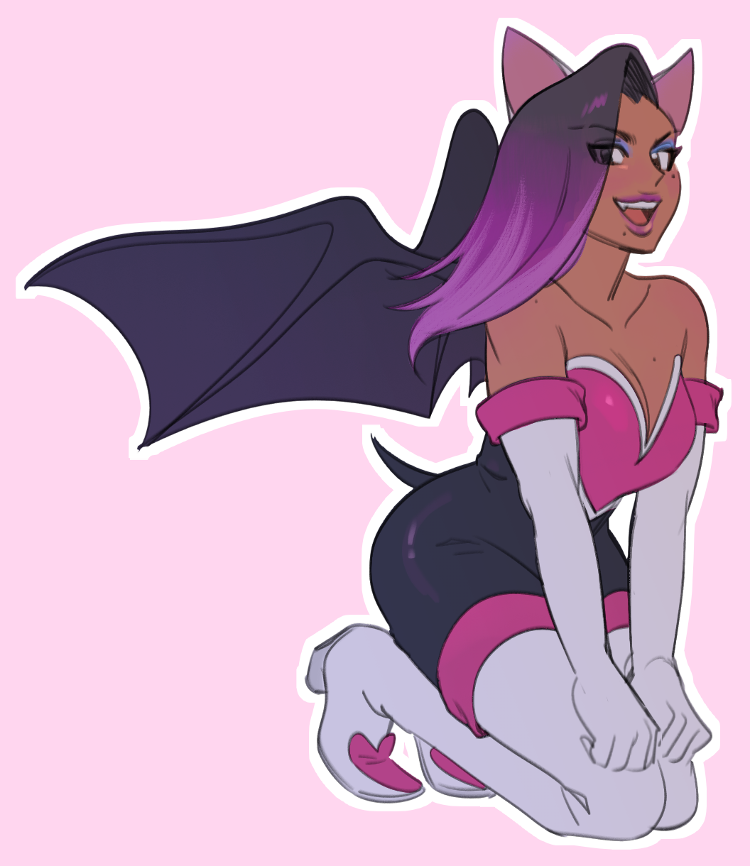 1girl, animal_ears, bat_wings, breasts, cosplay, crossover, dark_skin, elbow_gloves, eyeshadow, full_body, gloves, gradient_hair, hands_on_own_knees, highres, makeup, mole, mole_on_breast, mole_under_eye, mole_under_mouth, multicolored_hair, overwatch, raito1, rouge_the_bat, rouge_the_bat_(cosplay), simple_background, sombra_(overwatch), sonic_(series), wings