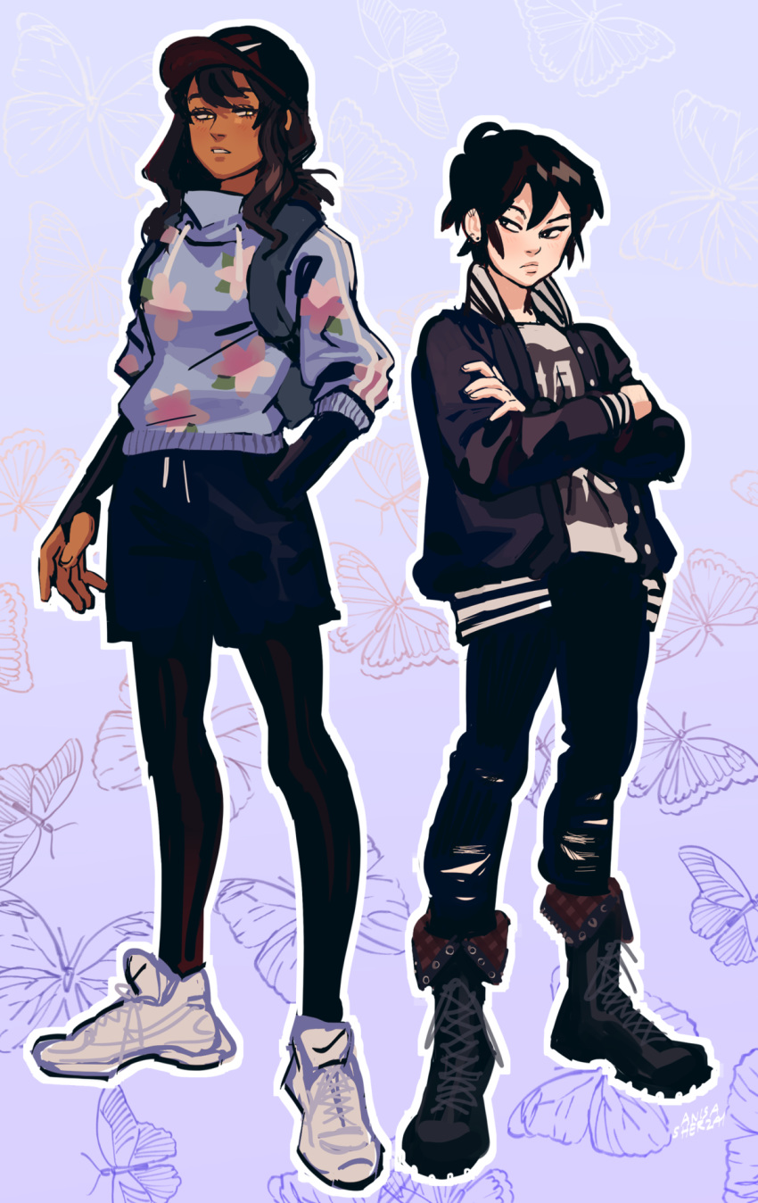 2girls, animal_print, baseball_cap, black_hair, boots, butterfly_print, butterfly_soup, crossed_arms