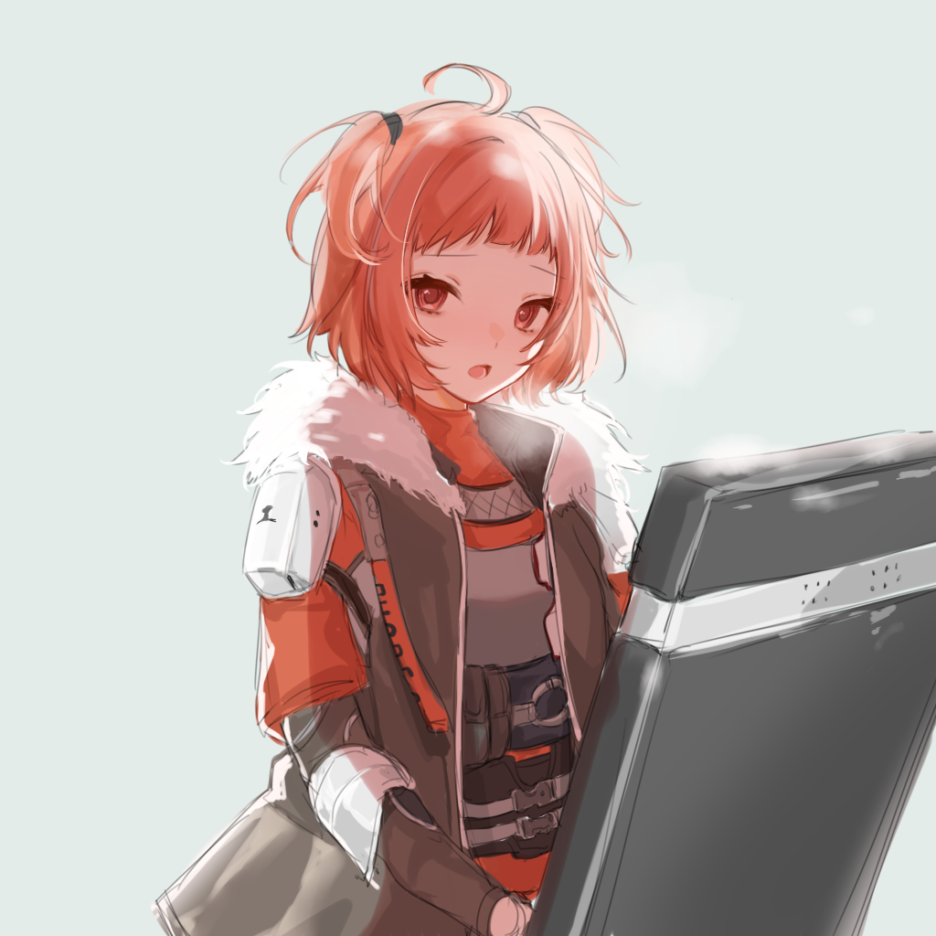 1girl, ahoge, arknights, beagle_(arknights), black_jacket, blush, breasts, breath